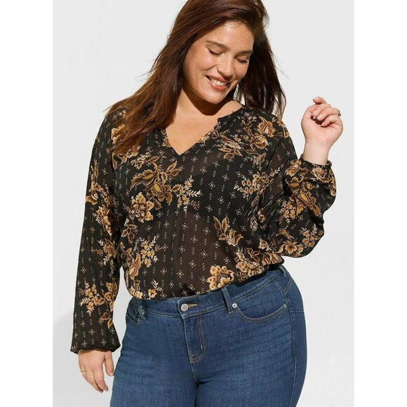 NEW Torrid Black Gold Floral Sheer Blouse Office Work Boho Long Sleeve Top - Picture 1 of 11